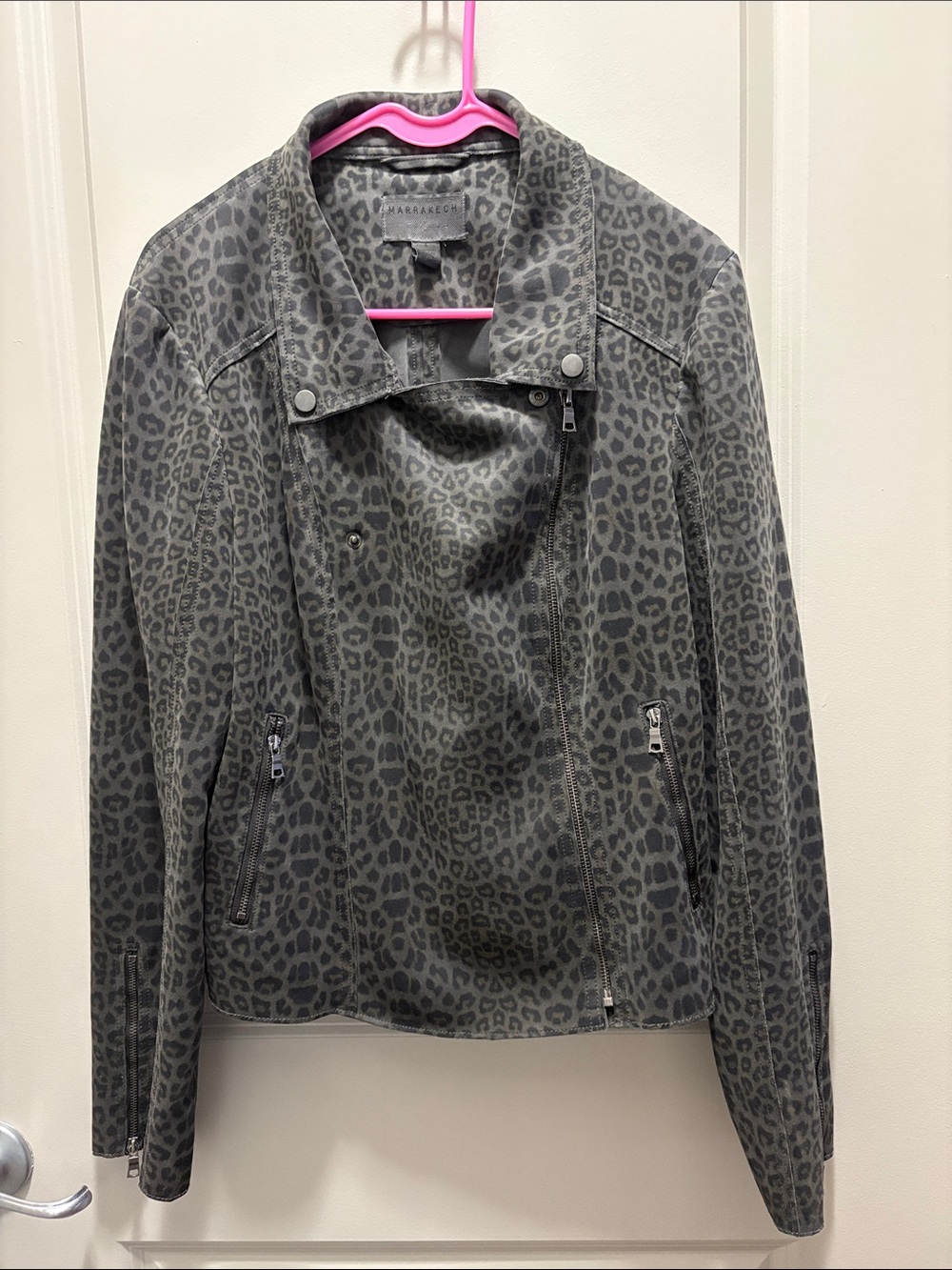 Marrakech Gray Leopard-Print Faux Leather Moto Jacket